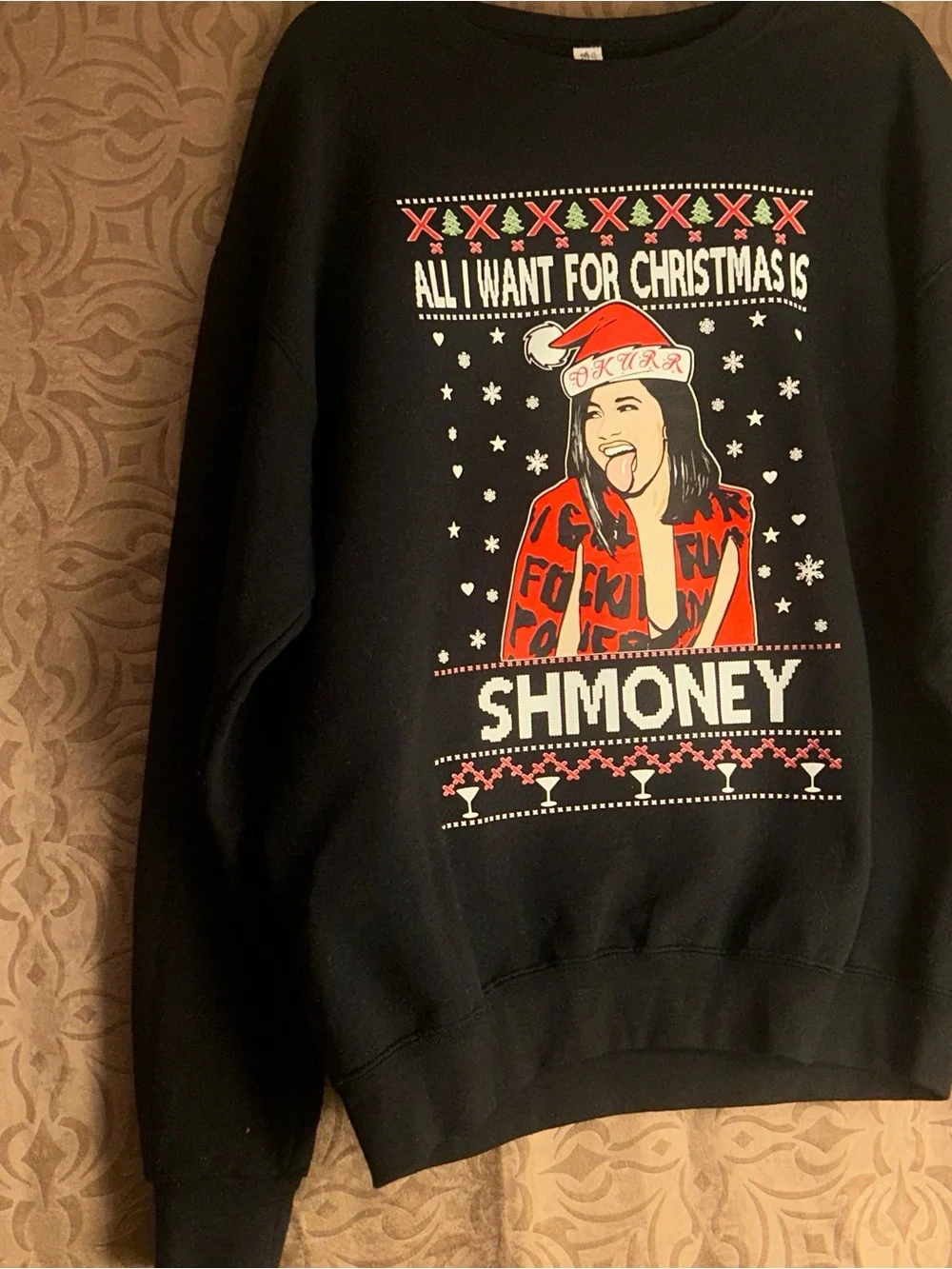 Cardi B Christmas Black Holiday Sweatshirt with Red and White Graphic